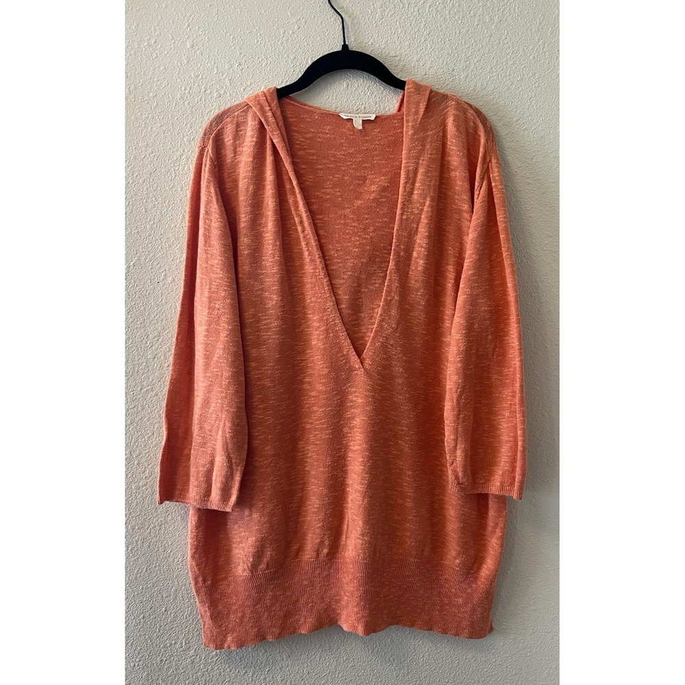 Eileen Fisher Womens Hoodie Sweater Large Linen Cotton Coral Pink Deep V Beachy